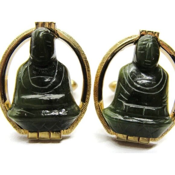 Swank Carved Buddha Green Jade Gold Tone Cufflinks Tux Suit Vintage - Picture 2 of 8